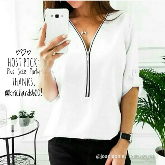 Tops - ** White 1/2 Zip Blouse Black Trim NWT